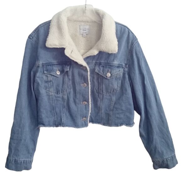 Love Tree Cropped Sherpa Lined Denim Jacket Size XL Blue Raw Hem - Picture 1 of 8